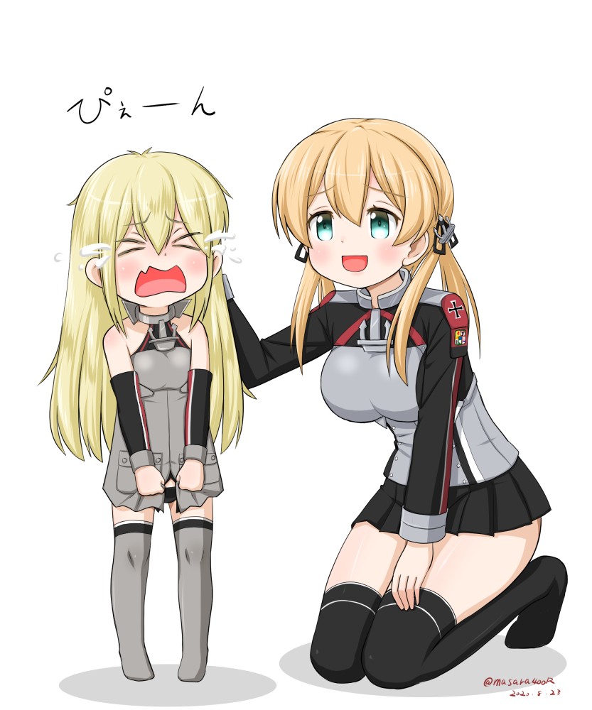 2girls anchor_hair_ornament aqua_eyes bismarck_(kantai_collection) black_legwear black_skirt blonde_hair breastplate commentary_request crying dated detached_sleeves grey_legwear hair_ornament hand_on_another's_head kantai_collection kneeling long_hair low_twintails masara_(chuujou) microskirt military military_uniform multiple_girls petting pleated_skirt prinz_eugen_(kantai_collection) simple_background skirt thigh-highs twintails twitter_username uniform white_background younger