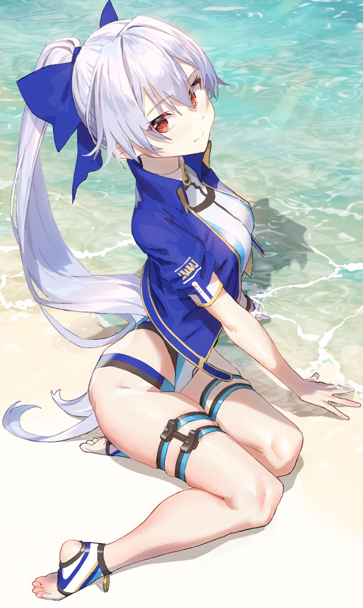 1girl arm_support bangs beach blue_bow blue_jacket bow breasts closed_mouth cropped_jacket fate/grand_order fate_(series) full_body hair_between_eyes highleg highleg_swimsuit highres jacket long_hair looking_at_viewer multicolored multicolored_clothes multicolored_swimsuit one-piece_swimsuit open_clothes open_jacket outdoors ponytail red_eyes sand shore short_sleeves silver_hair sitting smile solo swimsuit thigh_strap thighs tomoe_gozen_(fate/grand_order) tomoe_gozen_(swimsuit_saber)_(fate) two-tone_swimsuit very_long_hair xkirara39x yokozuwari