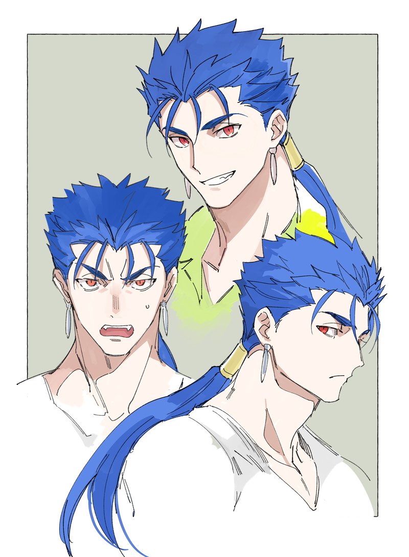 1boy alternate_costume blue_hair chest collage cropped_shoulders cropped_torso cu_chulainn_(fate)_(all) earrings emya fate/grand_order fate/stay_night fate_(series) jewelry lancer male_focus multiple_views muscle pectorals ponytail red_eyes sketch sweatdrop