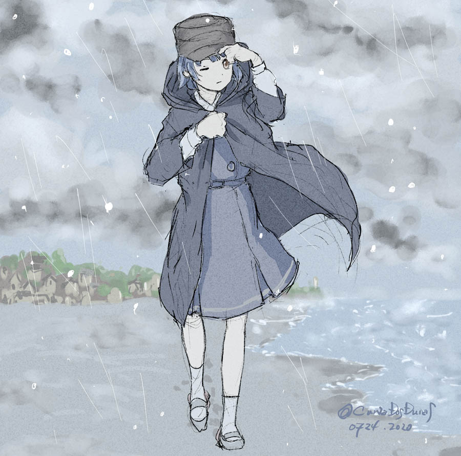 1girl arare_(kantai_collection) beach black_coat black_dress black_hair brown_eyes closed_mouth clouds cloudy_sky coat curvadosdunas dated day dress hat hood hood_down kantai_collection kneehighs long_sleeves ocean outdoors pinafore_dress rain remodel_(kantai_collection) shirt short_hair sky solo twitter_username walking white_legwear white_shirt