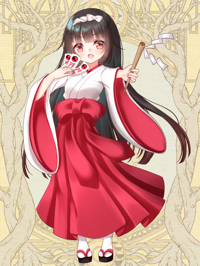 1girl :d bangs black_footwear black_hair blush bow breasts character_request dairoku_youhei eyebrows_visible_through_hair full_body gohei hair_bow hakama holding japanese_clothes kimono long_hair long_sleeves looking_at_viewer mirai_(happy-floral) official_art open_mouth outstretched_arm red_bow red_eyes red_hakama small_breasts smile socks solo standing tabi talisman very_long_hair white_bow white_kimono white_legwear wide_sleeves zouri