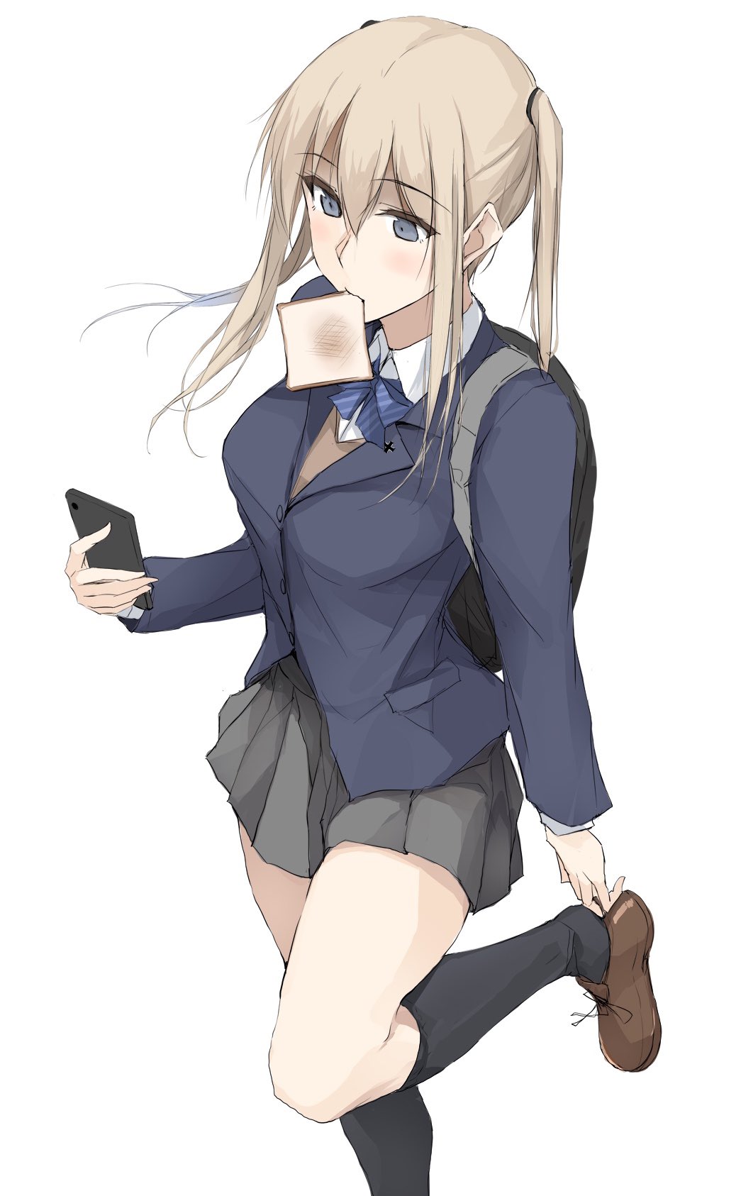 1girl alternate_costume backpack bag bangs black_legwear black_skirt blonde_hair blue_eyes blue_neckwear brown_footwear cellphone eyebrows_visible_through_hair food food_in_mouth graf_zeppelin_(kantai_collection) hair_between_eyes highres holding holding_phone kantai_collection kneehighs long_hair long_sleeves mouth_hold necktie no_hat no_headwear phone pleated_skirt revision school_uniform shoes sidelocks simple_background skirt smartphone solo toast toast_in_mouth twintails white_background zekkyon