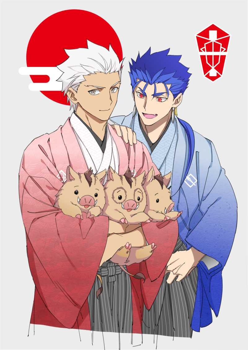 2boys animal archer blue_hair chest couple cu_chulainn_(fate)_(all) dark_skin dark_skinned_male earrings emya fate/grand_order fate/stay_night fate_(series) grey_eyes hand_on_another's_shoulder japanese_clothes jewelry kimono lancer male_focus multiple_boys muscle piglet red_eyes short_hair white_hair