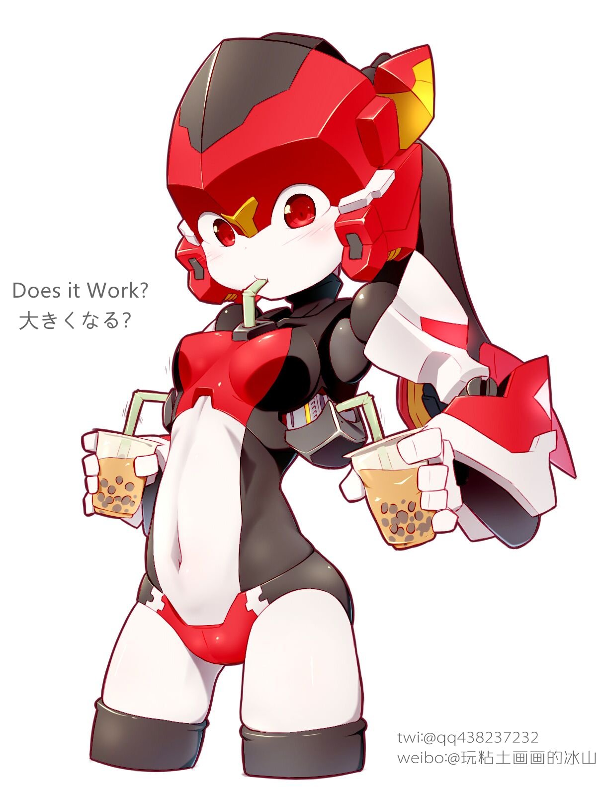 1girl bingshan breasts bubble_tea bubble_tea_challenge english_text highres looking_down magic_henshin navel no_humans official_art red_eyes robot scarlet_sonic second-party_source small_breasts solo you're_doing_it_wrong