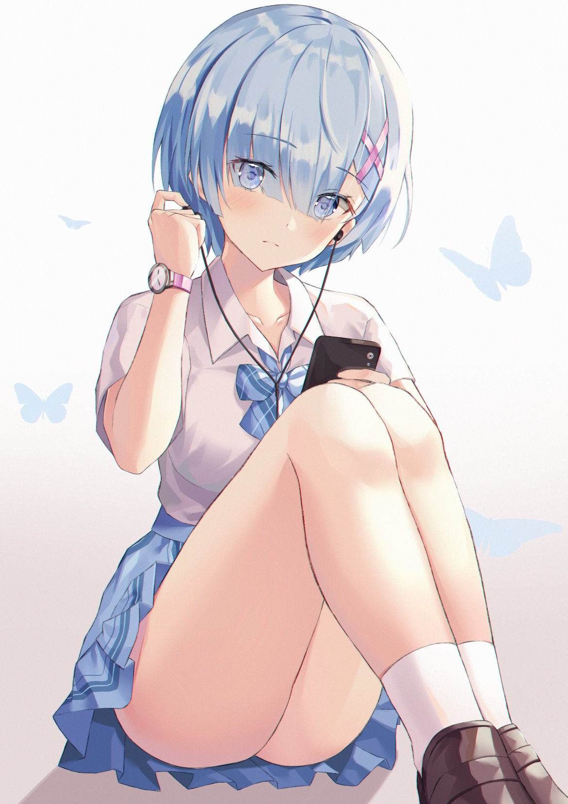 1girl bangs blue_eyes blue_hair blush bow breasts cellphone closed_mouth collarbone commentary_request earphones gradient gradient_background hair_ornament hair_over_one_eye highres holding hyonee knees_up lips looking_at_viewer medium_breasts phone pleated_skirt re:zero_kara_hajimeru_isekai_seikatsu rem_(re:zero) shiny shiny_hair shoes short_sleeves simple_background sitting skirt socks solo thighs watch white_legwear wire x_hair_ornament