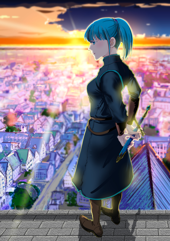 1girl angelica_(honzuki_no_gekokujou) arms_behind_back blue_eyes blue_hair brown_footwear cityscape dagger full_body holding holding_weapon honzuki_no_gekokujou long_sleeves medium_hair outdoors seion_sakura shadow solo standing sunrise weapon