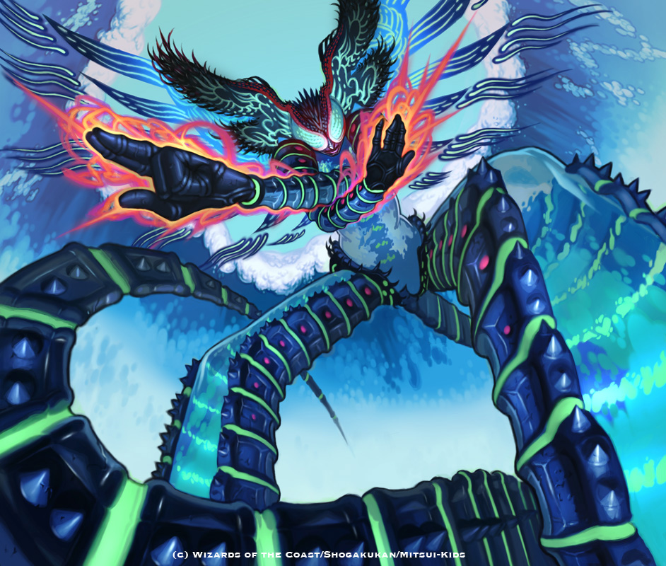 aura closed_mouth creature duel_masters english_text glowing glowing_hand green_eyes hand_gesture head_wings insect_wings no_humans official_art saitou_naoki tail transparent wings