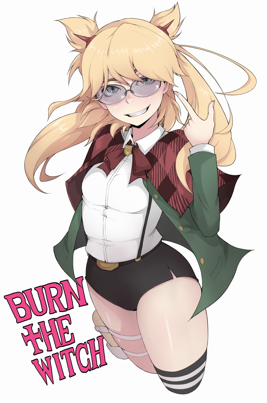 1girl bangs black_legwear blonde_hair breasts burn_the_witch cape collared_shirt copyright_name eyebrows flat_color green_eyes grin highres ina_(gokihoihoi) long_hair long_sleeves medium_breasts nini_spangle parted_lips pointing pointing_at_self red_cape round_eyewear shirt single_thighhigh smile solo sunglasses suspenders swept_bangs teeth thigh-highs twintails white_shirt