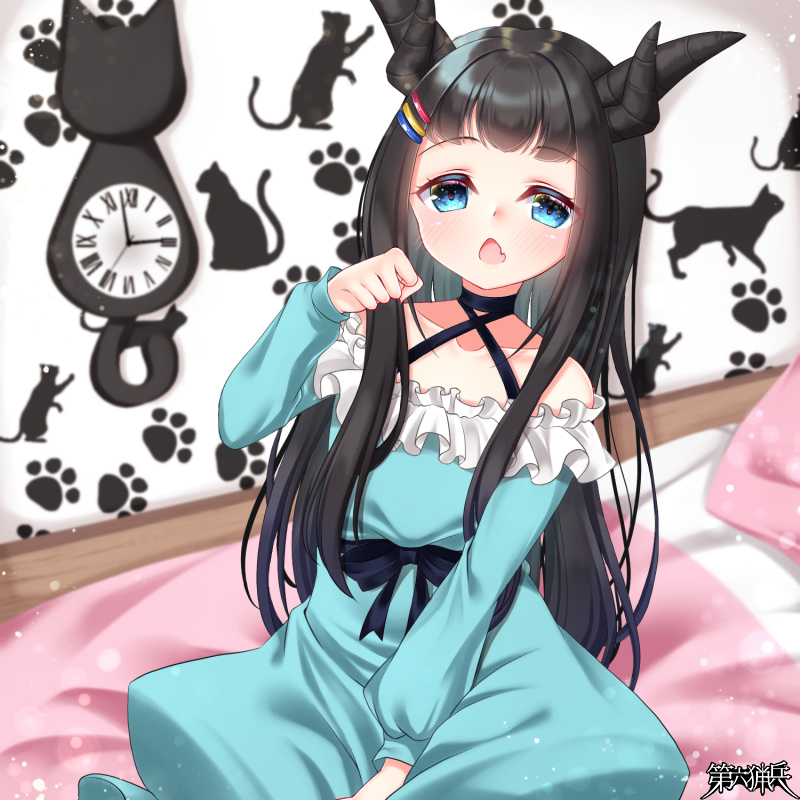 1girl bangs bare_shoulders bed black_choker black_hair blue_dress blue_eyes blush character_request choker clock collarbone criss-cross_halter curled_horns dairoku_youhei dress eyebrows_visible_through_hair fang frilled_dress frills hair_ornament hairclip halterneck hand_up horns long_hair long_sleeves looking_at_viewer mirai_(happy-floral) multiple_horns off-shoulder_dress off_shoulder official_art on_bed open_mouth pillow puffy_long_sleeves puffy_sleeves roman_numerals sitting solo very_long_hair wall_clock watermark yawning
