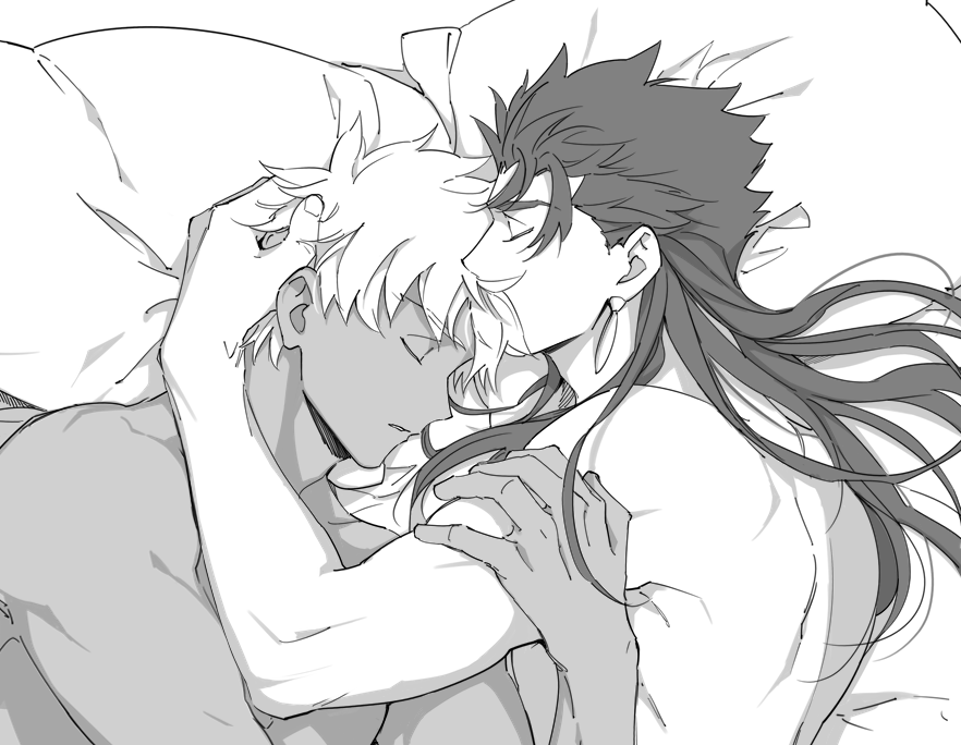 2boys alternate_hairstyle archer bed chest couple cu_chulainn_(fate)_(all) dark_skin dark_skinned_male earrings emya fate/grand_order fate/stay_night fate_(series) forehead_kiss greyscale hand_on_another's_head jewelry kiss lancer long_hair male_focus monochrome multiple_boys muscle shirtless short_hair sleeping white_hair yaoi