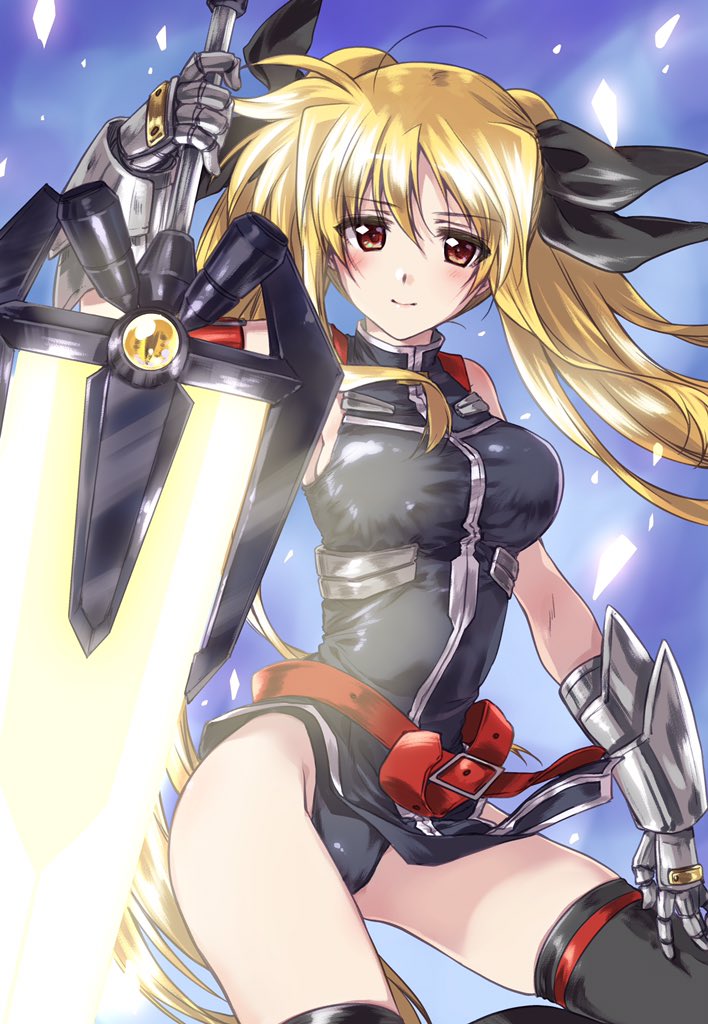 1girl armlet bangs bardiche belt black_legwear black_leotard black_ribbon blonde_hair closed_mouth commentary eyebrows_visible_through_hair gauntlets gloves grey_gloves hair_ribbon hand_on_own_thigh highleg highleg_leotard holding holding_weapon kuroi_mimei leotard long_hair looking_at_viewer lyrical_nanoha magical_girl mahou_shoujo_lyrical_nanoha_strikers pelvic_curtain red_belt red_eyes ribbon single_horizontal_stripe skindentation sleeveless smile solo standing thigh-highs thighs twintails weapon wind