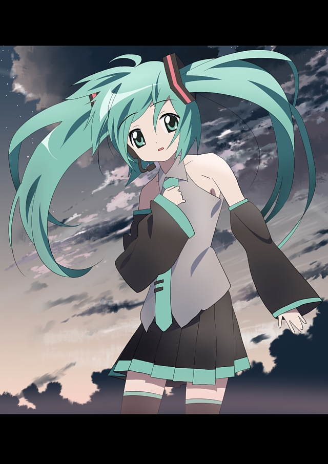 clouds hatsune_miku nagareboshi skirt sky thigh-highs thighhighs twintails vocaloid zettai_ryouiki