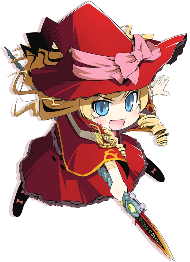 bakutendo bakutendou blonde_hair blue_eyes boots bow capelet chibi doctor_magus drill_hair etrian_odyssey fighting_stance frills gem hat long_hair looking_at_viewer magus open_mouth outstretched_arm payot polearm sekaiju_no_meikyuu shadow simple_background slit_pupils smile solo spear spread_legs staff twin_drills wavy_hair weapon witch_hat