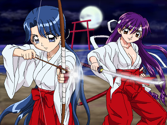 arrow bow_(weapon) breasts caren caren_(mermaid_melody_pichi_pichi_pitch) cleavage headband japanese_clothes mermaid_melody_pichi_pichi_pitch miko moon noel_(mermaid_melody_pichi_pichi_pitch) oekaki official_style ponytail sword torii weapon
