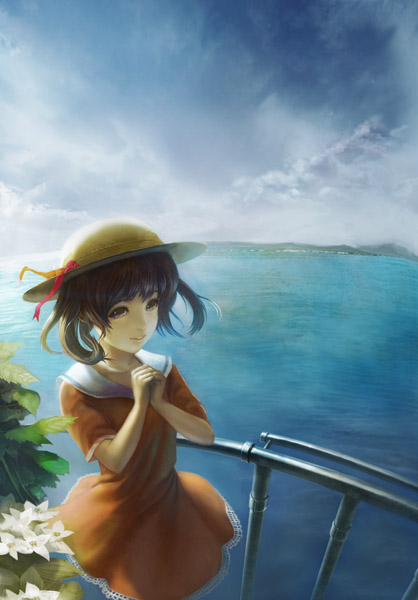 clouds flower hat island landscape ocean original panorama rail railing ribbon ribbons sailor_dress scenery sky solo straw_hat water yoshimura_masato