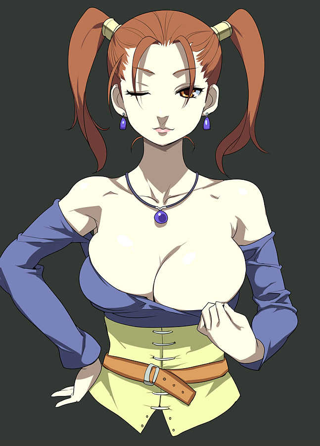 breasts cleavage dragon_quest dragon_quest_viii dress jessica_albert nora_higuma red_eyes red_hair redhead strapless_dress twintails wink