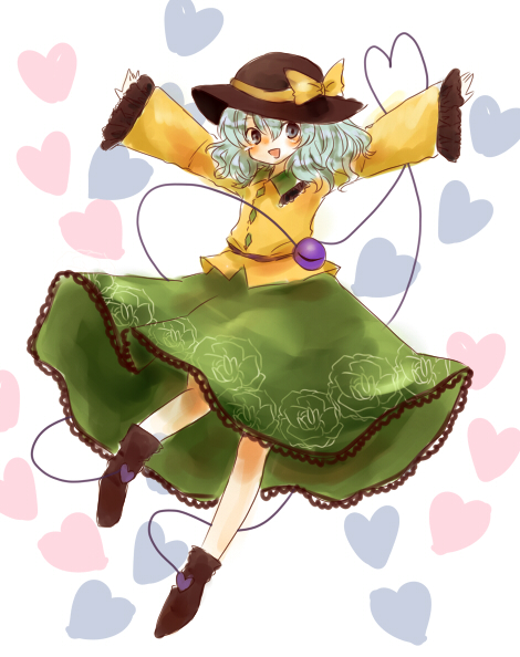 1girl floral_print grey_eyes hat hat_ribbon heart komeiji_koishi long_skirt long_sleeves looking_at_viewer maru_usagi open_mouth outstretched_arms ribbon shirt silver_hair skirt smile solo third_eye touhou wide_sleeves