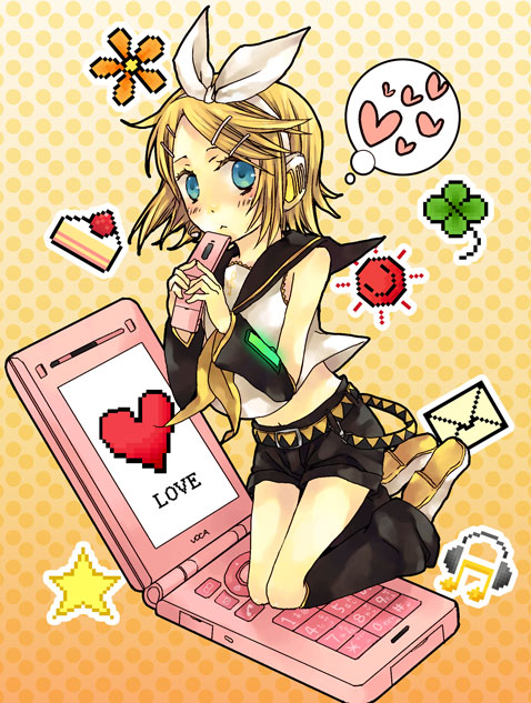 blonde_hair blue_eyes cellphone hair_ornament hairpin heart kagamine_rin phone ribbon soysauce_(pixiv47673) vocaloid