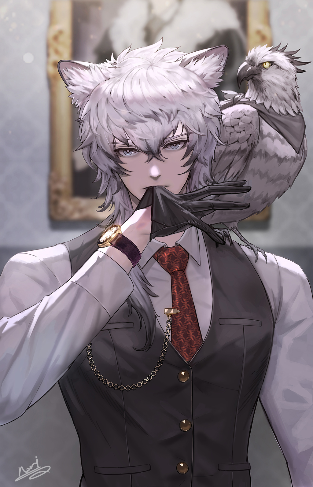 1boy animal_ears animal_on_shoulder animal_request arknights bangs bird bird_on_shoulder black_gloves blurry blurry_background collared_shirt commentary_request deepmaru gloves grey_hair hair_between_eyes highres leopard_ears leopard_tail long_hair long_sleeves looking_at_viewer male_focus necktie photo_(object) red_neckwear shirt signature silverash_(arknights) solo tail tie_clip upper_body vest watch watch white_shirt