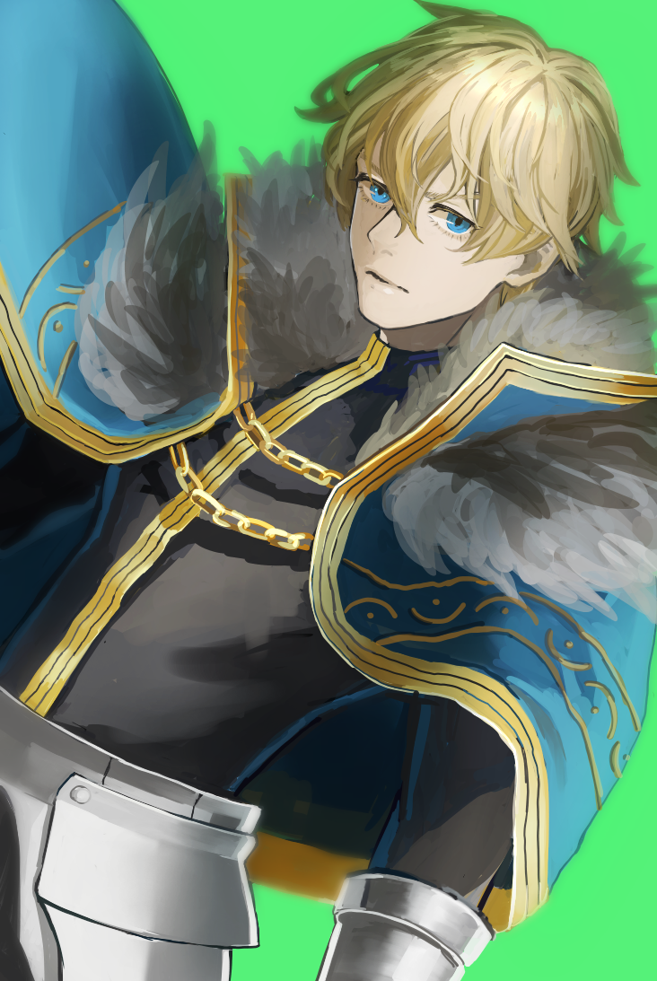 1boy armor blonde_hair blue_cape blue_eyes cape chi4co0820 collared_cape excalibur_galatine fate/extra fate/grand_order fate_(series) fur_collar gauntlets gawain_(fate/extra) green_background knight knights_of_the_round_table_(fate) long_sleeves looking_at_viewer male_focus short_hair simple_background solo