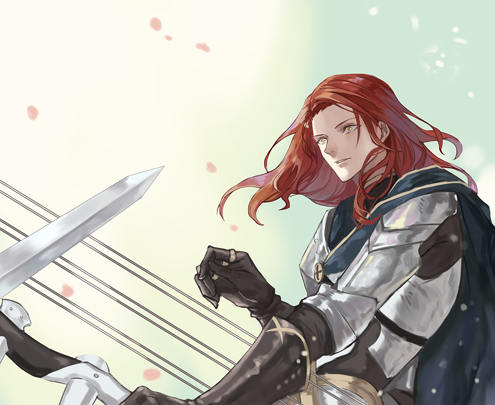 1boy armor bishounen black_cloak black_gloves bow_(weapon) cloak failnaught_(fate) fate/grand_order fate_(series) gloves harp holding holding_weapon instrument knight long_hair long_sleeves male_focus open_eyes out_of_frame redhead simple_background solo_focus sword tristan_(fate/grand_order) upper_body weapon white_background yellow_eyes yepnean