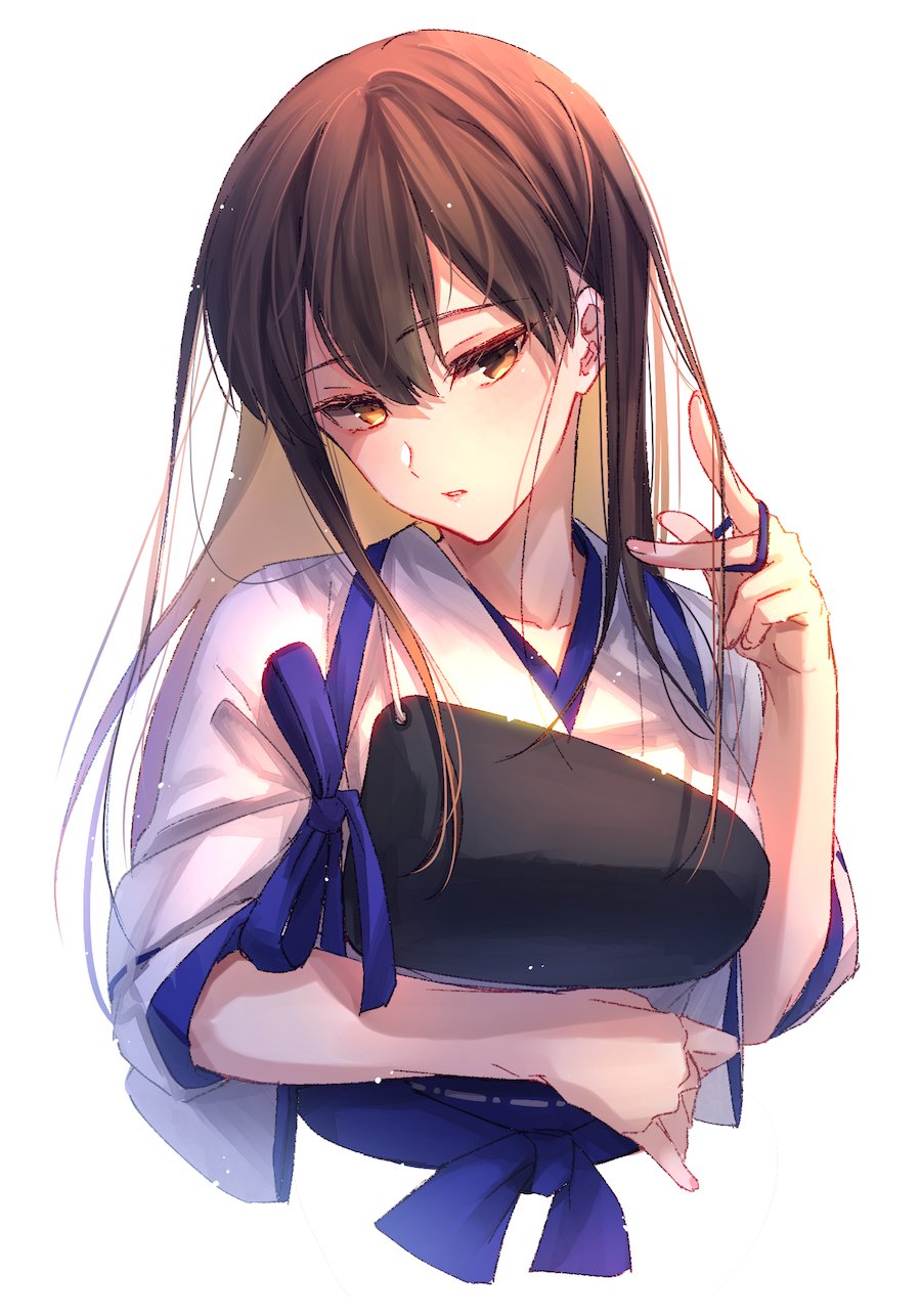 1girl arm_under_breasts bangs breasts brown_eyes brown_hair cropped_torso eyebrows_visible_through_hair hair_down highres japanese_clothes kaga_(kantai_collection) kantai_collection large_breasts long_hair muneate niwanazu parted_lips simple_background solo tasuki upper_body white_background