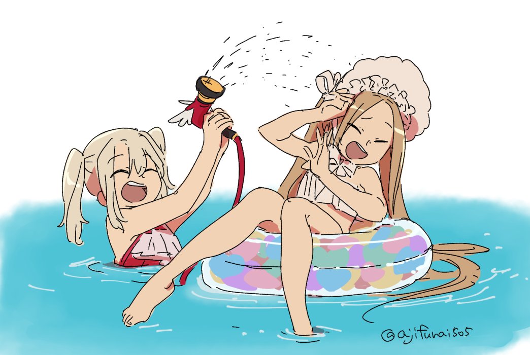 2girls :d ^_^ abigail_williams_(fate/grand_order) abigail_williams_(swimsuit_foreigner)_(fate) arm_up arms_up asaya_minoru bangs bare_arms bare_legs bare_shoulders barefoot bikini bonnet bow brown_hair casual_one-piece_swimsuit closed_eyes eyebrows_visible_through_hair fate/grand_order fate_(series) hair_between_eyes hair_bow hand_up holding hose hose_nozzle illyasviel_von_einzbern illyasviel_von_einzbern_(swimsuit_archer)_(fate) innertube light_brown_hair long_hair magical_ruby multiple_girls one-piece_swimsuit open_mouth parted_bangs partially_submerged red_swimsuit smile strapless strapless_bikini swimsuit twintails twitter_username upper_teeth very_long_hair water white_background white_bikini white_bow white_headwear