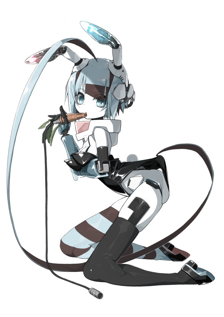 ahoge android animal_ears arms_under_breasts asymmetrical_legwear blue_eyes blue_hair brown_hair bunnysuit cable carrot commentary_request eyebrows_visible_through_hair eyes_visible_through_hair fake_animal_ears full_body huge_ahoge humanoid_robot looking_at_viewer multicolored_hair original short_hair solo striped striped_legwear suzukou thigh-highs two-tone_hair white_background white_skin