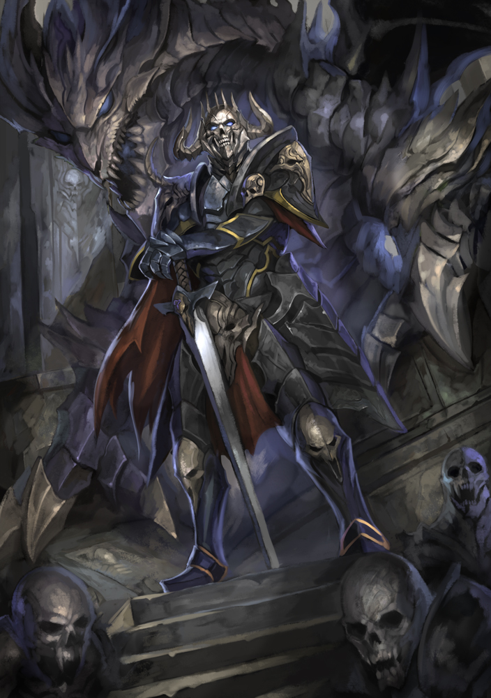 4boys armor blue_eyes cape closed_mouth dragon fantasy gauntlets glowing glowing_eyes greaves holding holding_sword holding_weapon horns indoors knight looking_at_viewer multiple_boys open_mouth original pauldrons planted planted_sword planted_weapon red_cape sharp_teeth shoulder_armor shousuke_(skirge) skeleton skull stairs standing sword talons teeth torn_cape torn_clothes vambraces weapon