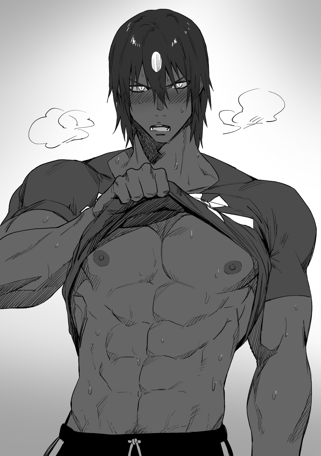 1boy abs ashwatthama_(fate/grand_order) bara blush breath buster_shirt chest dark_skin dark_skinned_male fate/grand_order fate_(series) gradient gradient_background greyscale haiki_(tegusu) highres lifted_by_self looking_at_viewer male_focus monochrome nipples open_mouth shirt shirt_lift shorts simple_background solo sweat t-shirt toned toned_male upper_body