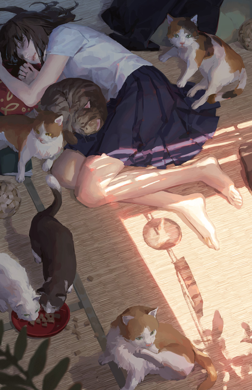 1girl animal ball barefoot blue_skirt book bowl brown_hair cat cat_food closed_eyes closed_mouth eating food highres indoors long_hair lying mou-s notebook on_side original pillow plant shadow skirt sleeping wind_chime