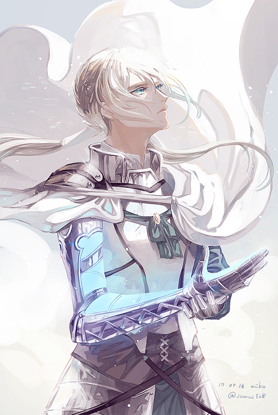 1boy armor bedivere blonde_hair braid breastplate cape closed_mouth dated fate/grand_order fate_(series) gauntlets green_eyes knight long_hair looking_up male_focus ponytail prosthesis prosthetic_arm samui128 signature simple_background solo twitter_username white_background white_cape