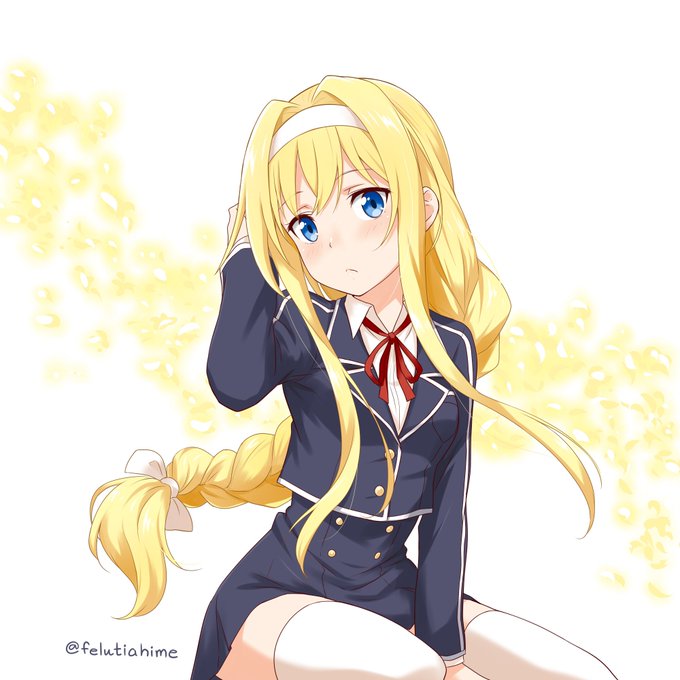 1girl alice_schuberg arm_support bangs between_legs blonde_hair blue_eyes blush braid braided_ponytail buttons closed_mouth commentary_request double-breasted felutiahime hair_intakes hairband hand_between_legs long_hair long_sleeves looking_at_viewer neck_ribbon red_ribbon ribbon school_uniform shirt single_braid sitting skirt solo sword_art_online thigh-highs twitter_username very_long_hair white_legwear white_shirt wing_collar zettai_ryouiki