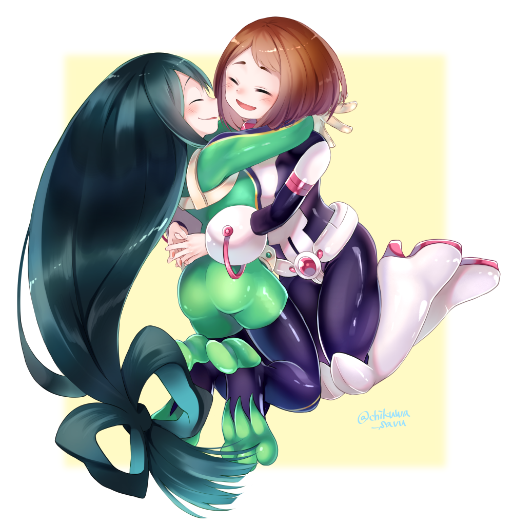 1girl 2girls :d artist_name ass asui_tsuyu bangs black_hair blush bodysuit boku_no_hero_academia boots breasts brown_hair chikuwa_savi closed_eyes commentary_request facing_another friends frog_girl gloves goggles goggles_on_head green_bodysuit green_hair hair_rings high_heel_boots high_heels long_hair low-tied_long_hair medium_breasts multiple_girls open_mouth short_hair sidelocks smile thigh-highs thigh_boots tongue tongue_out uraraka_ochako very_long_hair white_gloves
