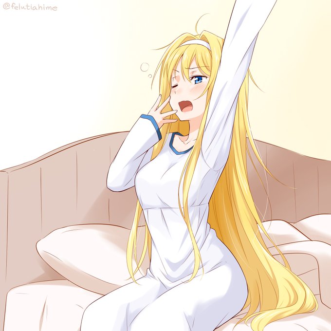 1girl ahoge alice_schuberg alternate_costume arm_up bangs bed blonde_hair blue_eyes blush breasts collarbone commentary_request felutiahime hairband indoors long_hair long_sleeves medium_breasts on_bed one_eye_closed open_mouth pillow sitting sleepy solo stretch sword_art_online very_long_hair waking_up yawning