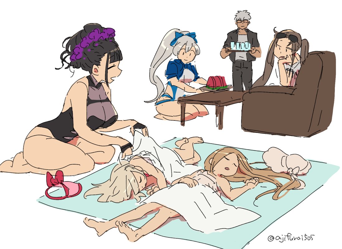 1boy 4girls :d ^_^ abigail_williams_(fate/grand_order) abigail_williams_(swimsuit_foreigner)_(fate) archer asaya_minoru bare_arms bare_legs bare_shoulders barefoot bikini black-framed_eyewear black_hair black_jacket black_pants black_swimsuit blue_bow blue_swimsuit bonnet bow breasts brown_hair closed_eyes closed_mouth consort_yu_(fate) couch dark_skin dark_skinned_male drinking_straw eyewear_on_head fate/grand_order fate/stay_night fate_(series) flower food fruit glasses grey_shirt hair_bow hair_flower hair_ornament hat hat_removed headwear_removed high_ponytail holding holding_tray illyasviel_von_einzbern illyasviel_von_einzbern_(swimsuit_archer)_(fate) jacket light_brown_hair long_hair lying medium_breasts multiple_girls murasaki_shikibu_(fate) murasaki_shikibu_(swimsuit_rider)_(fate) on_back on_couch on_side one-piece_swimsuit open_clothes open_jacket open_mouth pants pink_headwear ponytail purple_flower seiza shirt short_sleeves silver_hair sitting sketch smile standing strapless strapless_bikini summer_casual_(fate/grand_order) sunglasses swimsuit table tomoe_gozen_(fate/grand_order) tomoe_gozen_(swimsuit_saber)_(fate) tray twintails twitter_username two-tone_swimsuit very_long_hair visor_cap watermelon white_background white_bikini white_headwear white_swimsuit yu_miaoyi_(swimsuit_lancer)