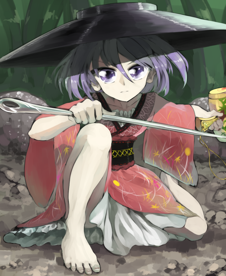 1girl bangs black_headwear closed_eyes full_body holding holding_mallet holding_needle japanese_clothes kimono long_sleeves looking_at_viewer mallet minigirl miracle_mallet needle needle_sword obi outdoors pink_kimono purple_hair sash short_hair sitting solo sukuna_shinmyoumaru sunyup touhou v-shaped_eyebrows violet_eyes wide_sleeves