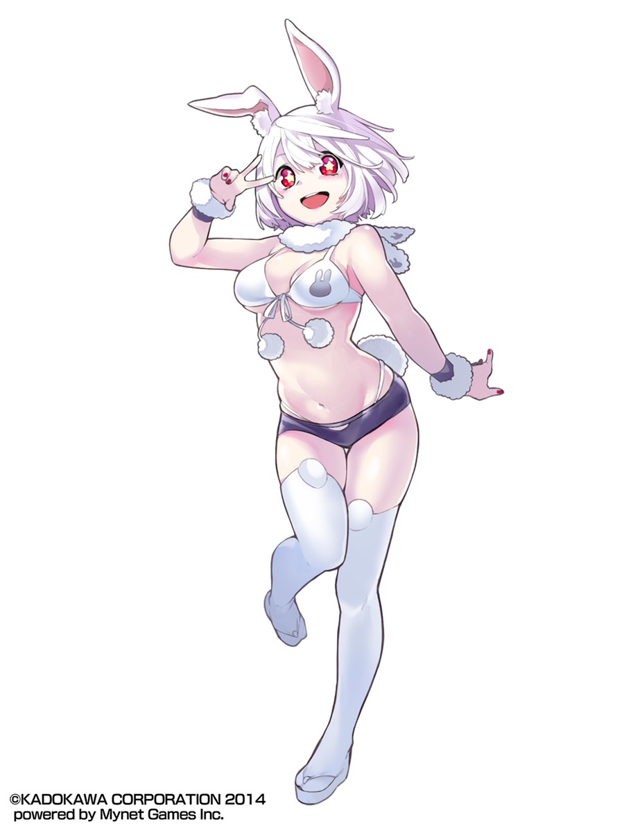 1girl animal_ear_fluff animal_ears animal_print baniran_dorosu bare_shoulders bikini bikini_top blush bunny_girl bunny_print bunny_tail english_text fingernails fur_scarf hair_between_eyes highres navel official_art open_mouth rabbit_ears red_eyes red_nails round_teeth scarf short_hair simple_background solo star-shaped_pupils star_(symbol) swimsuit symbol-shaped_pupils tail teeth thigh-highs tongue upper_teeth w white_background white_bikini white_footwear white_hair white_legwear white_scarf youkai youkai_hyakki-tan!