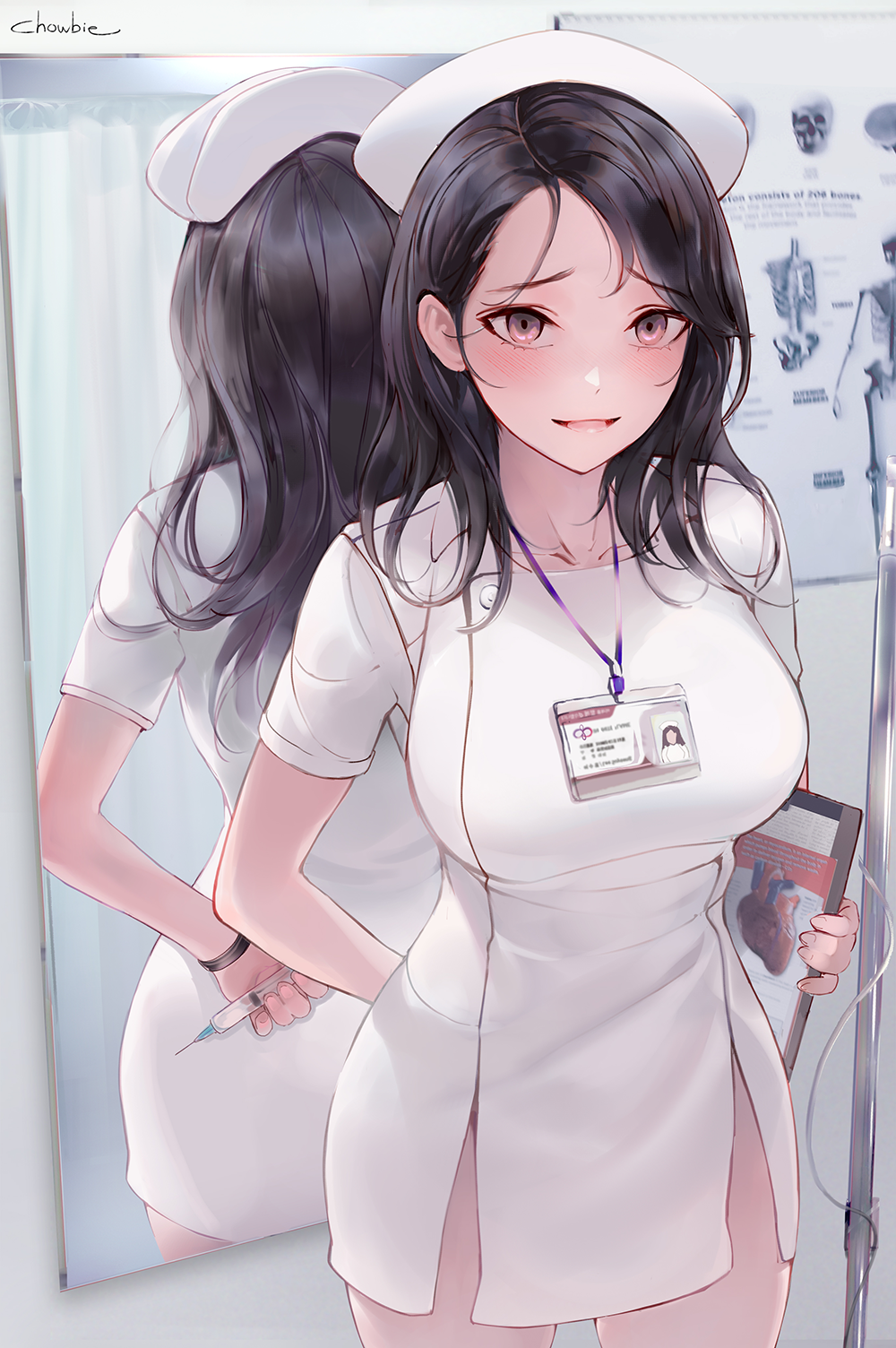 1girl :d arm_behind_back bangs black_hair blush breasts chowbie clipboard collarbone dress hat highres holding holding_clipboard holding_syringe id_card lanyard large_breasts long_hair looking_at_viewer mirror nurse nurse_cap open_mouth original parted_bangs pelvic_curtain reflection smile solo syringe violet_eyes white_dress