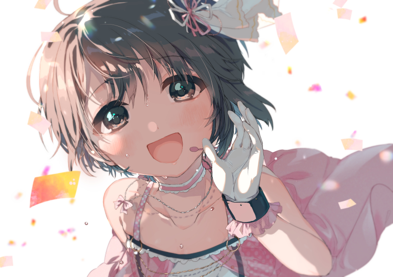 1girl bangs bare_shoulders black_eyes black_hair blush choker collarbone commentary_request confetti dress gloves hair_ornament idolmaster idolmaster_cinderella_girls jewelry looking_at_viewer necklace open_mouth otokura_yuuki pink_choker pink_dress short_hair social_kasu_(mob_oji_katu) solo sweat white_gloves wristband