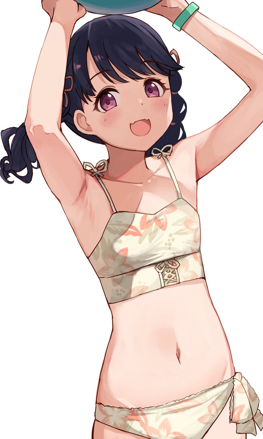 1girl armpits arms_up ball bangs bare_arms bare_shoulders beachball bikini black_hair bracelet collarbone commentary_request cowboy_shot fangs fukumaru_koito highres hiroki_(yyqw7151) idolmaster idolmaster_shiny_colors jewelry looking_at_viewer navel open_mouth print_bikini skin_fangs solo spaghetti_strap swept_bangs swimsuit tied_hair twintails violet_eyes white_background