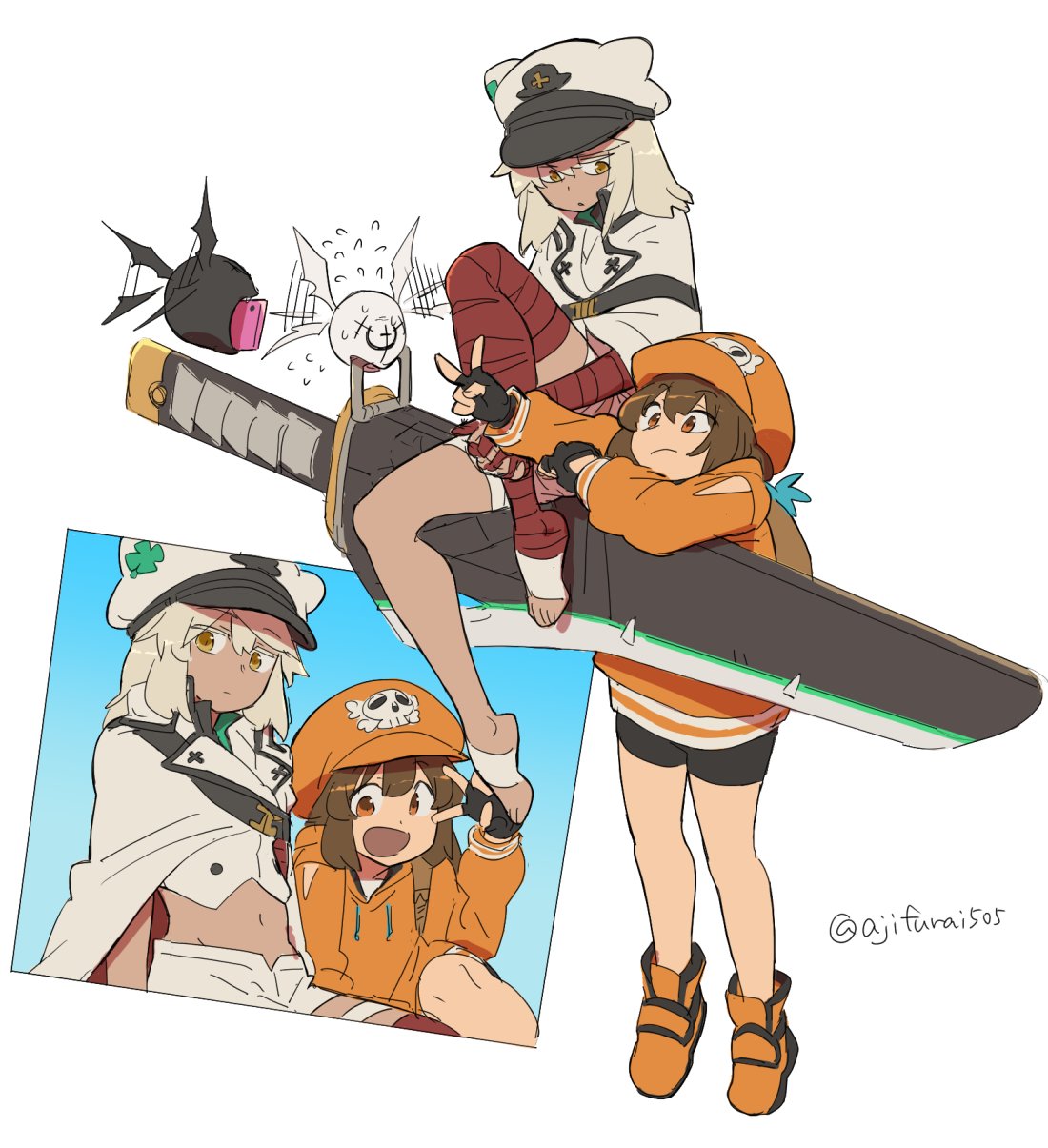 2girls asaya_minoru bandaged_arm bandaged_leg bandages brown_eyes brown_hair cabbie_hat cellphone cloak clover clover_(flower) dark_skin fingerless_gloves flower gloves guilty_gear guilty_gear_strive hat highres long_hair long_sleeves may_(guilty_gear) multiple_girls navel orange_footwear orange_headwear orange_hoodie peaked_cap phone ramlethal_valentine shirt shorts skull_and_crossbones sword taking_picture twitter_username v weapon white_background white_cloak white_hair white_shirt white_shorts