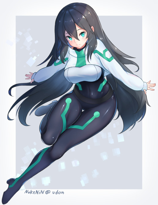 1girl belt black_hair bodysuit breasts covered_navel cropped_jacket full_body green_eyes gundam gundam_build_divers gundam_build_divers_re:rise high_heels long_hair may_(gundam_build_divers_re:rise) medium_breasts nukenin skin_tight solo twitter_username very_long_hair