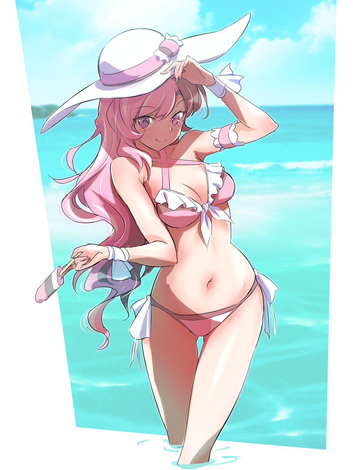 1girl beach bikini brown_eyes brown_hair food hat heterochromia highres ice_cream iesupa multicolored_hair navel neapolitan_ice_cream neo_politan pink_eyes pink_hair rwby solo swimsuit