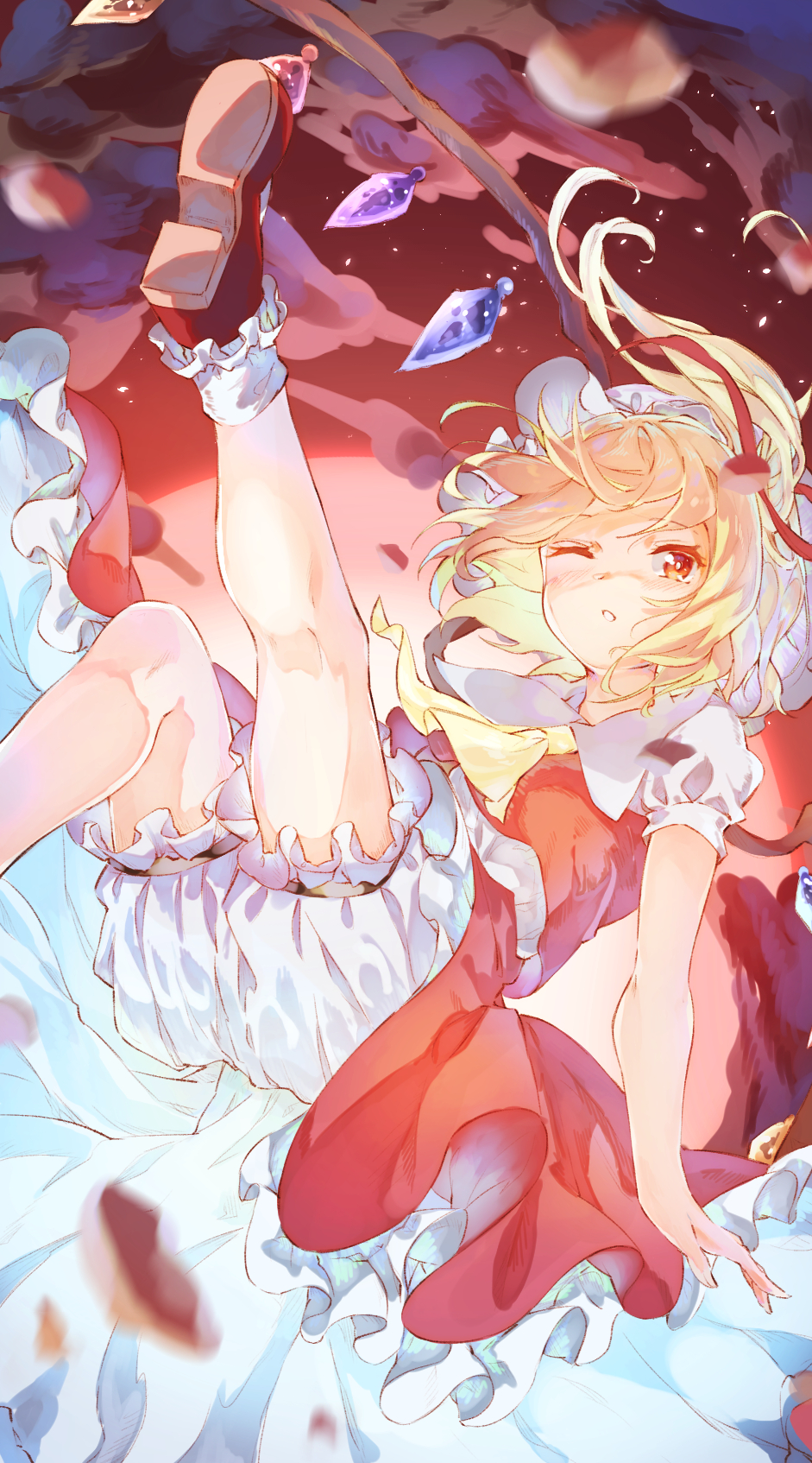 1girl ascot blonde_hair bloomers dress eyebrows_visible_through_hair flandre_scarlet flying frilled_dress frilled_legwear frills hat highres looking_at_viewer mary_janes mob_cap one_eye_closed parted_lips puffy_sleeves red_eyes shoes side_ponytail sky tamiku_(shisyamo609) touhou underwear wings