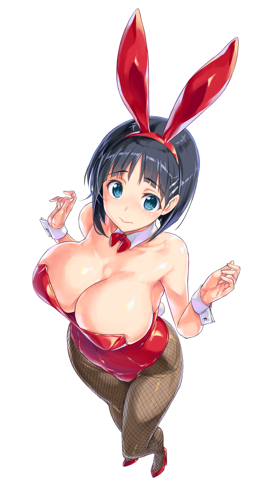 1girl animal_ears bare_shoulders black_hair blue_eyes bob_cut breasts bunny_girl bunnysuit detached_collar fishnets from_above full_body high_heels highres kirigaya_suguha kiyama_satoshi large_breasts looking_at_viewer looking_up pantyhose rabbit_ears solo standing sword_art_online wrist_cuffs