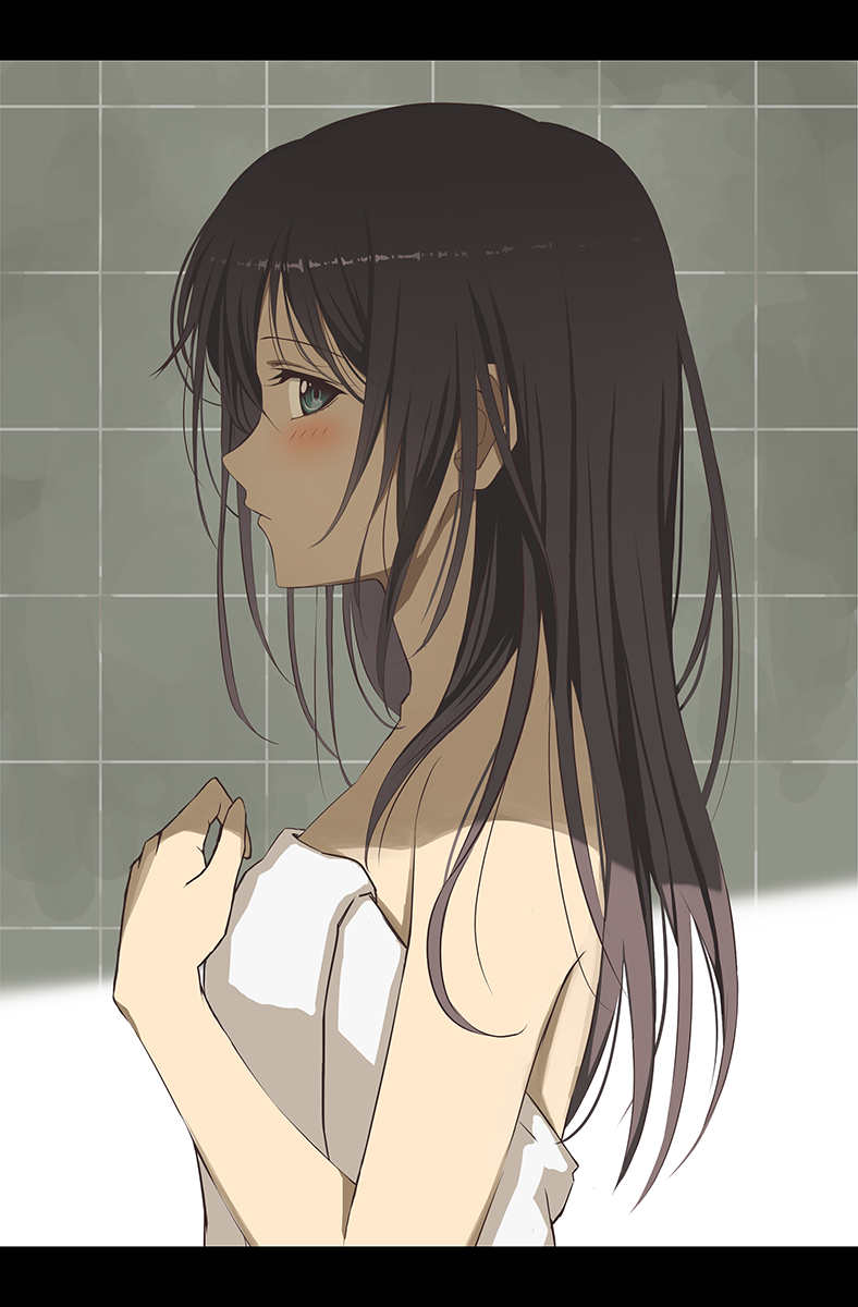 1girl bangs bare_arms bare_shoulders black_hair blush breasts closed_mouth eyebrows_visible_through_hair from_side green_eyes hair_between_eyes hand_up highres jchoy letterboxed long_hair looking_at_viewer looking_to_the_side naked_towel original profile small_breasts solo tile_wall tiles towel upper_body