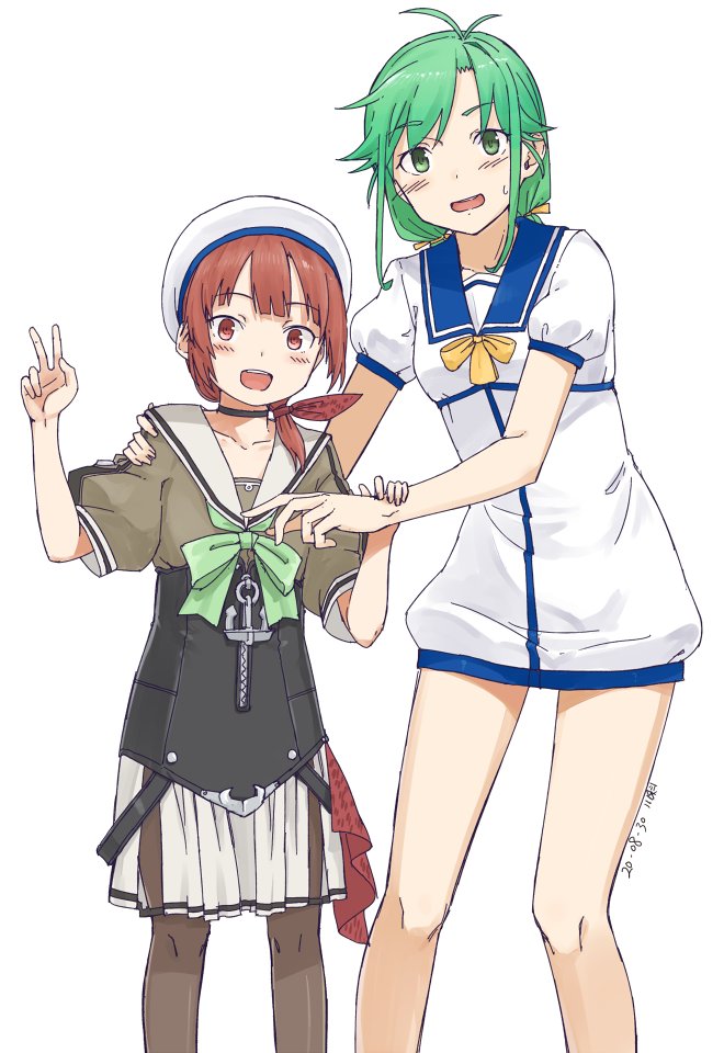 2girls alternate_hairstyle anchor antenna_hair black_legwear blue_sailor_collar bow brown_eyes brown_hair choker corset cosplay costume_switch cowboy_shot dress feet_out_of_frame green_eyes green_hair green_neckwear grey_sailor_collar grey_skirt hair_over_shoulder hair_rings hairstyle_switch hat kaiboukan_no._4_(kantai_collection) kaiboukan_no._4_(kantai_collection)_(cosplay) kantai_collection kawashina_(momen_silicon) long_hair low_twintails matsu_(kantai_collection) matsu_(kantai_collection)_(cosplay) multiple_girls open_mouth pantyhose pleated_skirt sailor_collar sailor_dress sailor_hat sailor_shirt school_uniform serafuku shirt simple_background skirt standing twintails upper_teeth v white_background white_dress white_headwear yellow_bow zipper_pull_tab