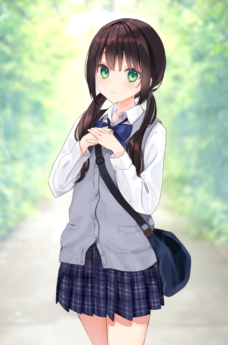 1girl bag bangs black_hair blue_bow blue_skirt blurry blurry_background blush bow cardigan_vest closed_mouth collared_shirt commentary_request day depth_of_field eyebrows_visible_through_hair green_eyes hands_together hands_up highres long_hair long_sleeves looking_at_viewer low_twintails original outdoors own_hands_together pleated_skirt rimo school_uniform shirt shoulder_bag skirt smile solo standing twintails white_shirt