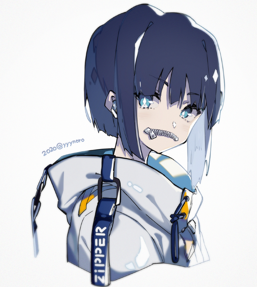 1girl artist_name bangs blue_eyes blue_hair blunt_bangs captain_yue cropped_shoulders eyebrows_visible_through_hair face hood hood_down jacket looking_at_viewer no_mouth original short_hair simple_background solo striped twitter_username upper_body white_background white_jacket zipper zipper_pull_tab